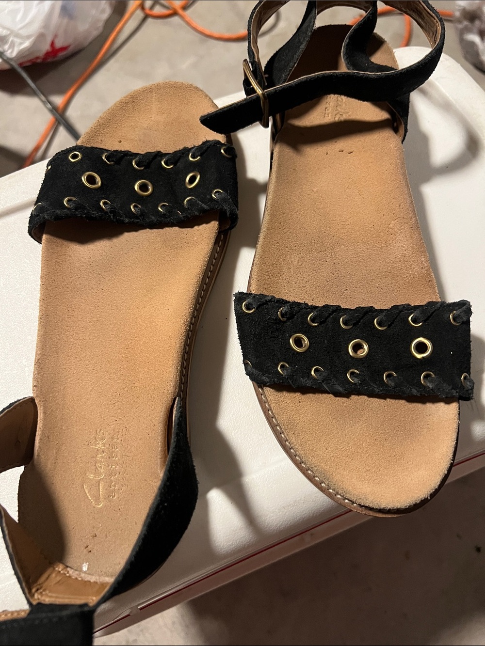 Clarks Black Suede Eyelet Strap Sandals